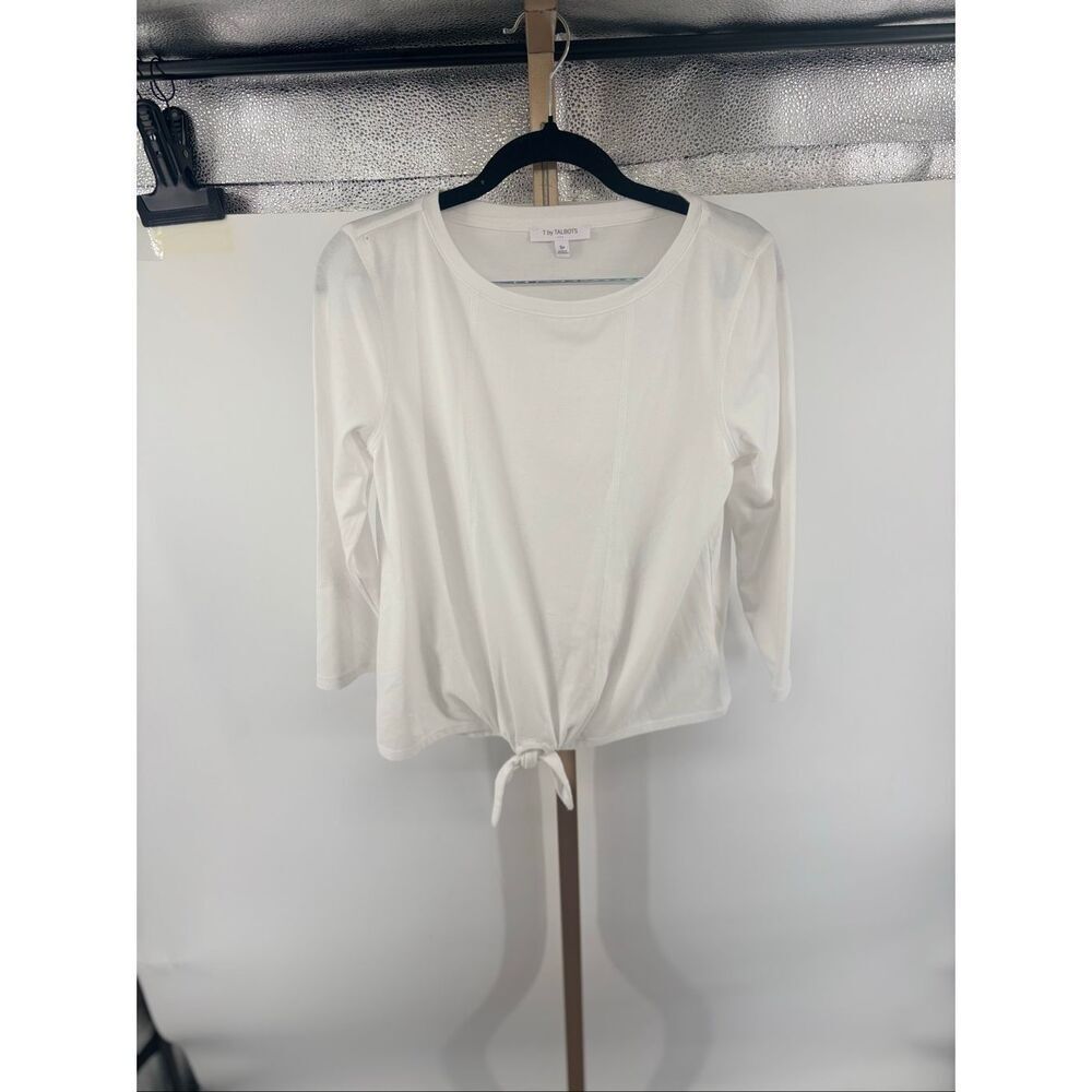 T by Talbots Women White Minimalist Crew Neck 3/4 Sleeve Tie Front Top Small